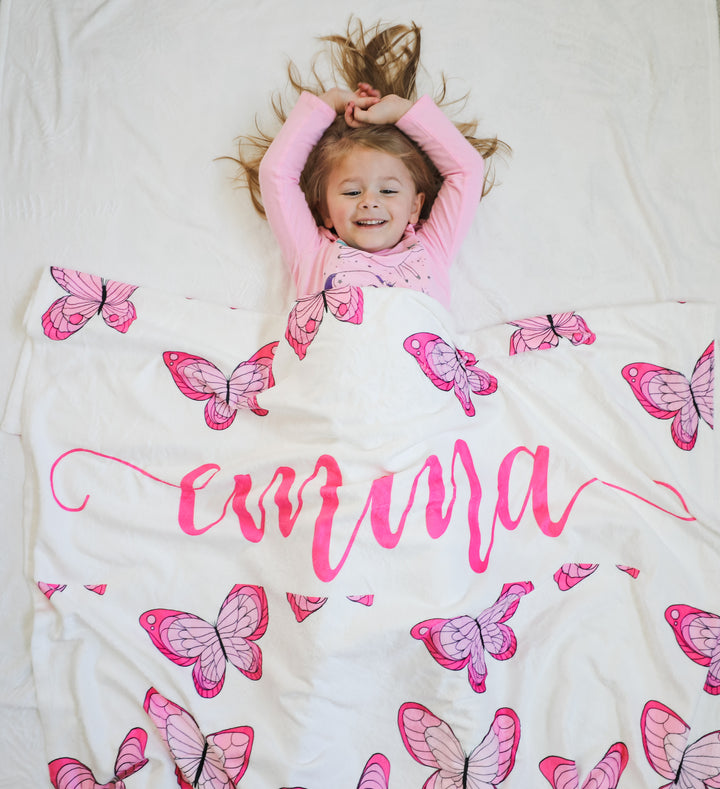 Personalized Butterfly Print Baby Name Blanket