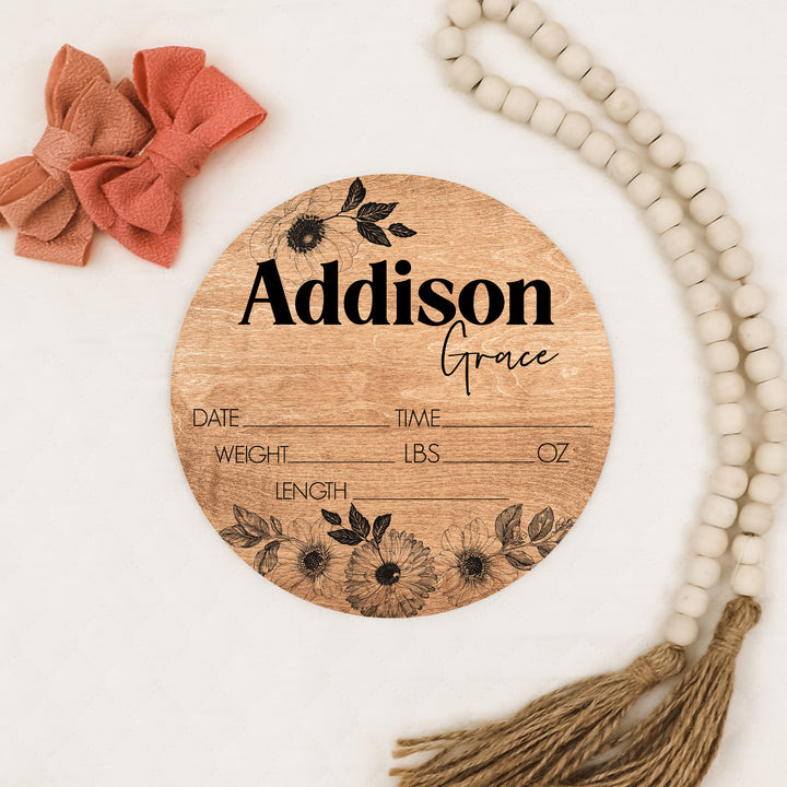 Addison Grace Black Floral Birth Stat