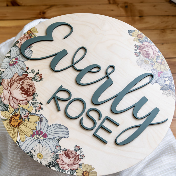 Everly Rose Printed Vintage Floral Round Name Sign