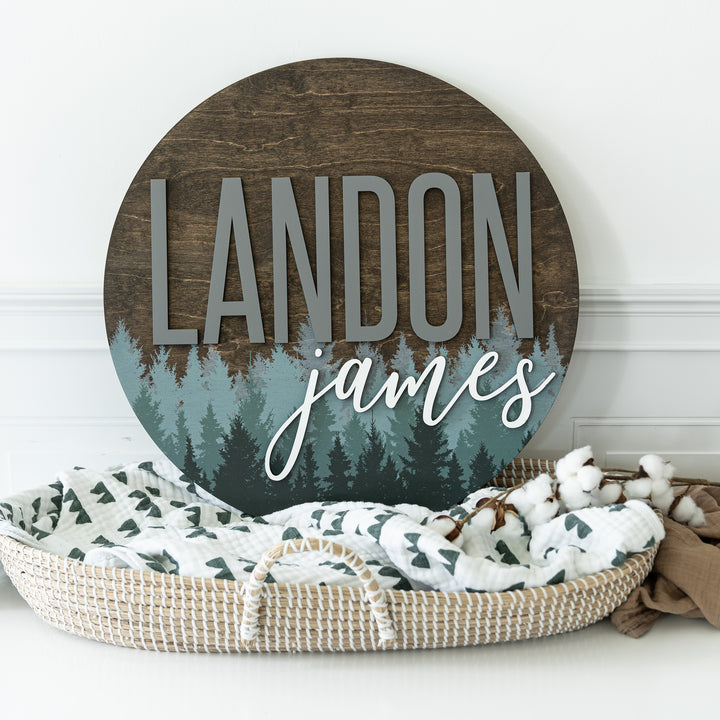 Landon James Printed Pine Tree Round Name Sign