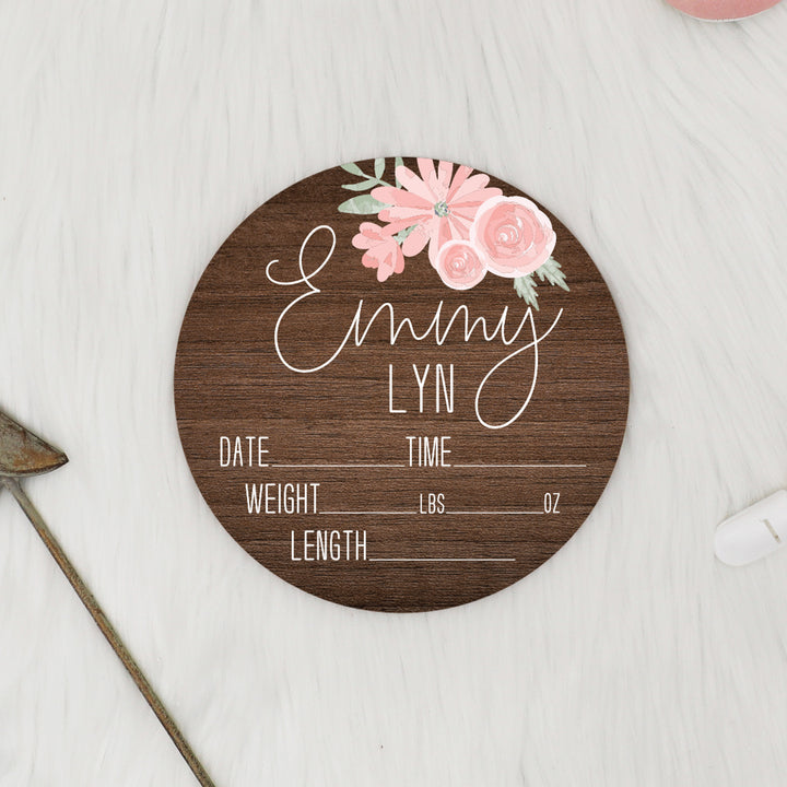 Emmy Lyn Soft Pink Floral Dark Wood Birth Stat