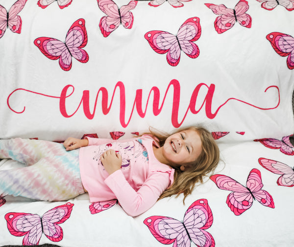 Personalized Butterfly Print Baby Name Blanket