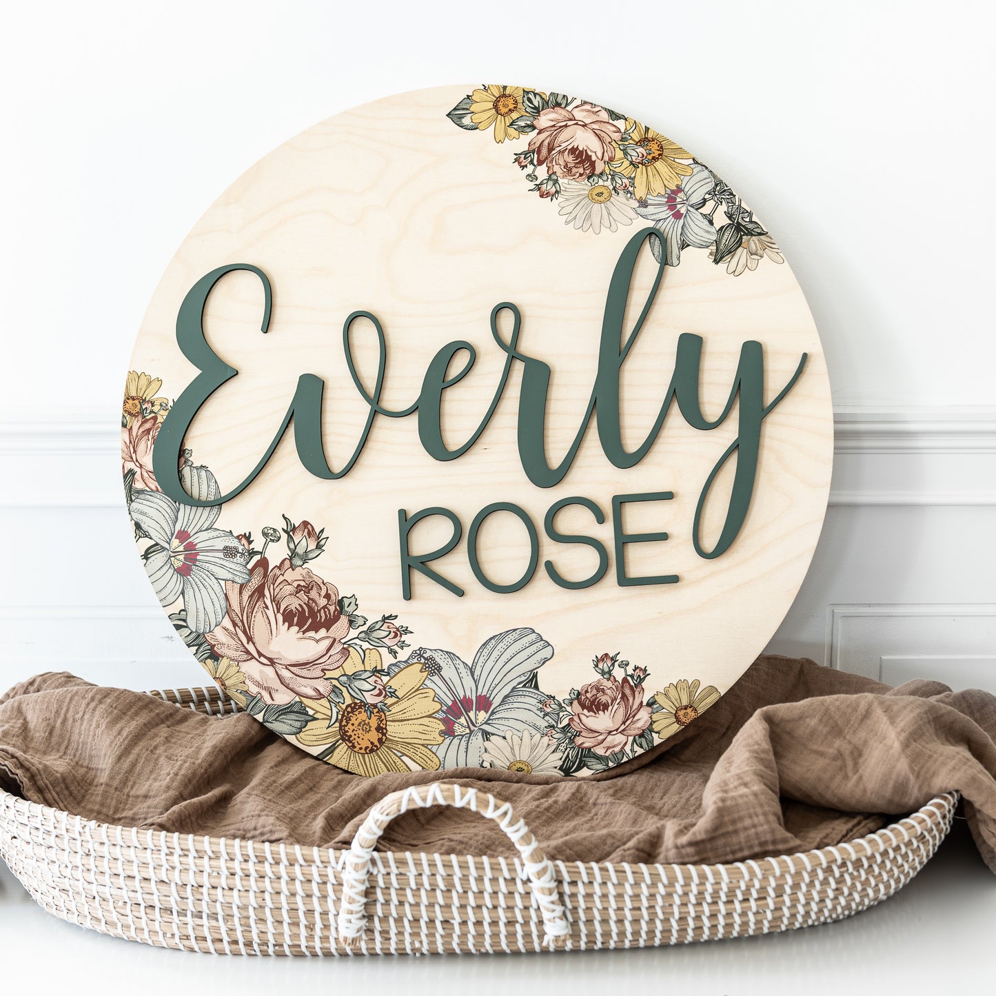Everly Rose Printed Vintage Floral Round Name Sign
