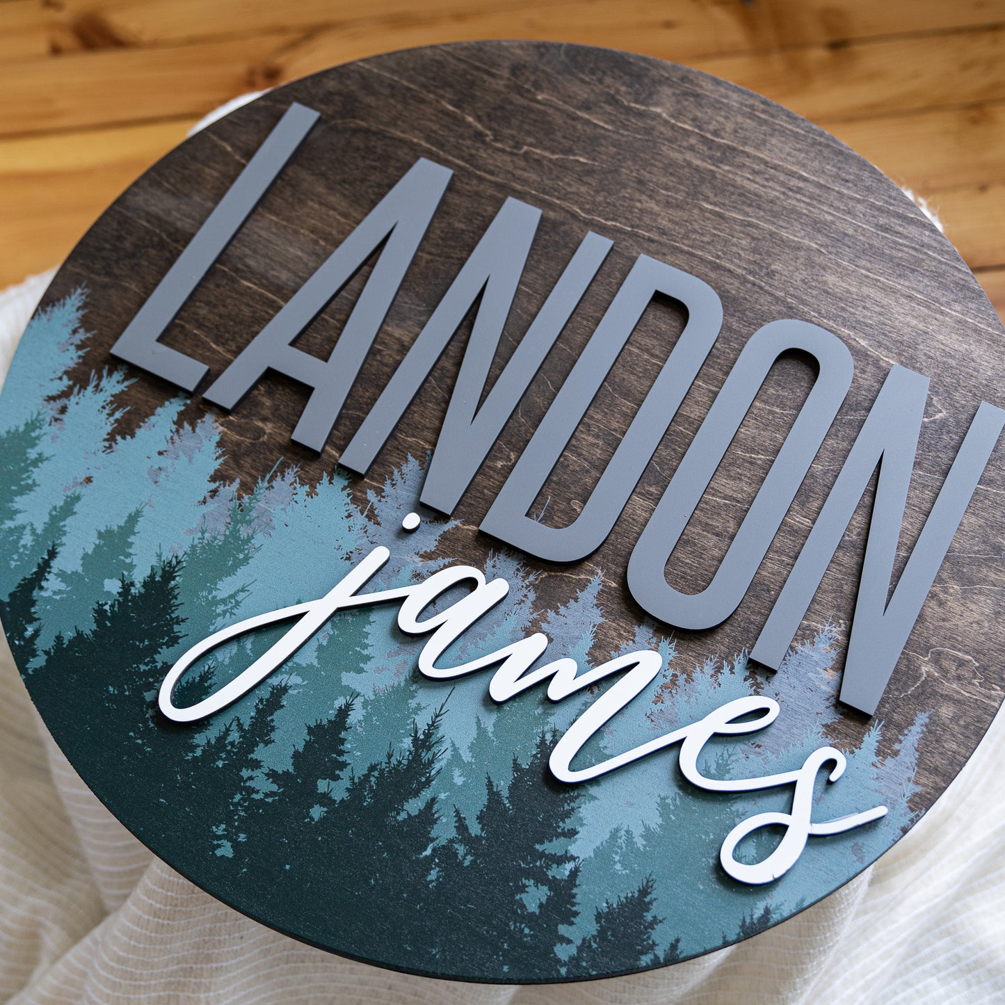 Landon James Printed Pine Tree Round Name Sign