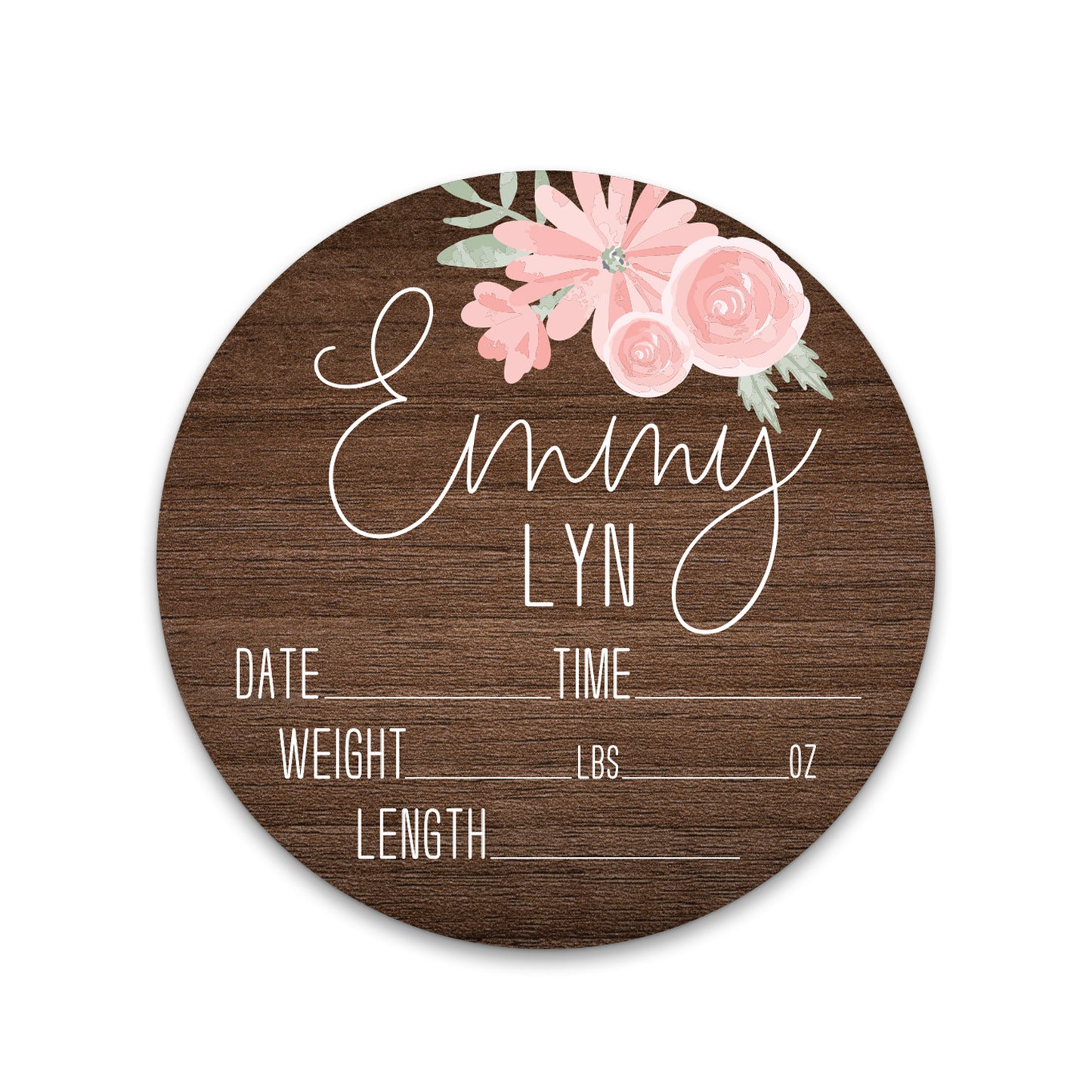 Emmy Lyn Soft Pink Floral Dark Wood Birth Stat