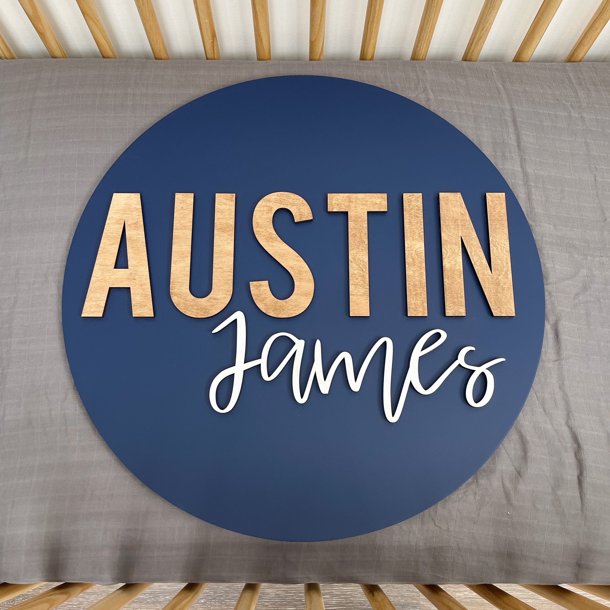 Austin James Round Name Sign – Hickory Hollow Designs